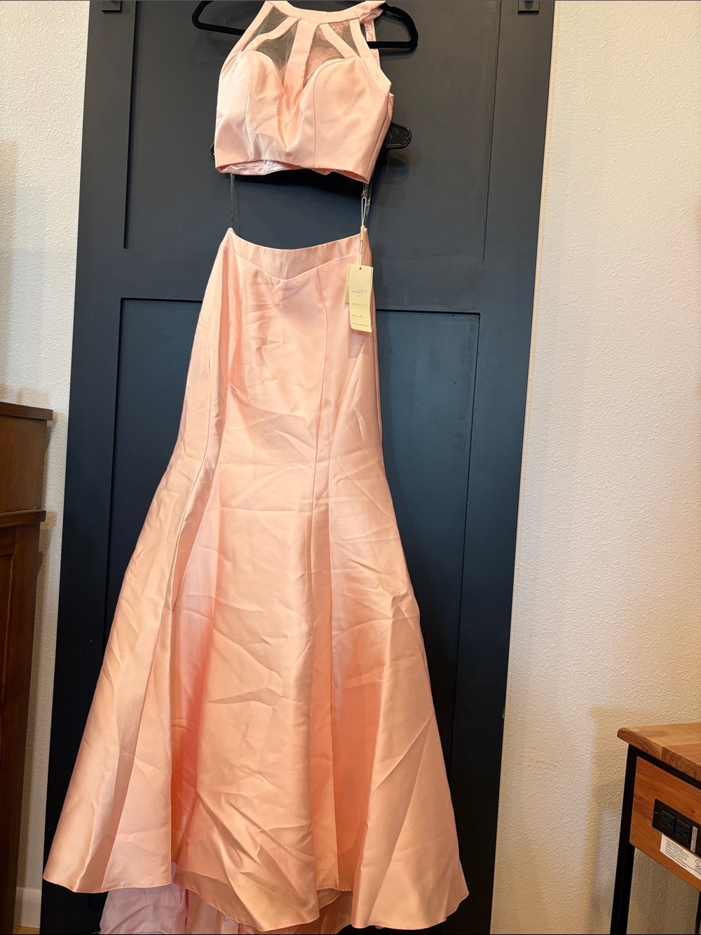 694.  Jasz Peach Two-Piece Satin Prom Dress with Illusion Halter Top